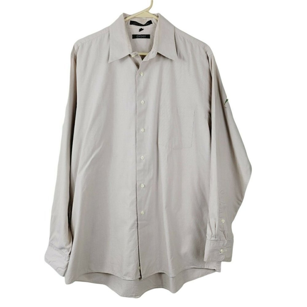 DKNY Mens Button Down Shirt Business Casual Tan 16 1/2 34/35 Woven Cotton XL
